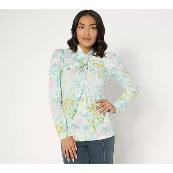 Susan Graver Shirt Womens 2XL Liquid Knit Twist Front Mock Neck Top Floral 2X - Picture 1 of 14